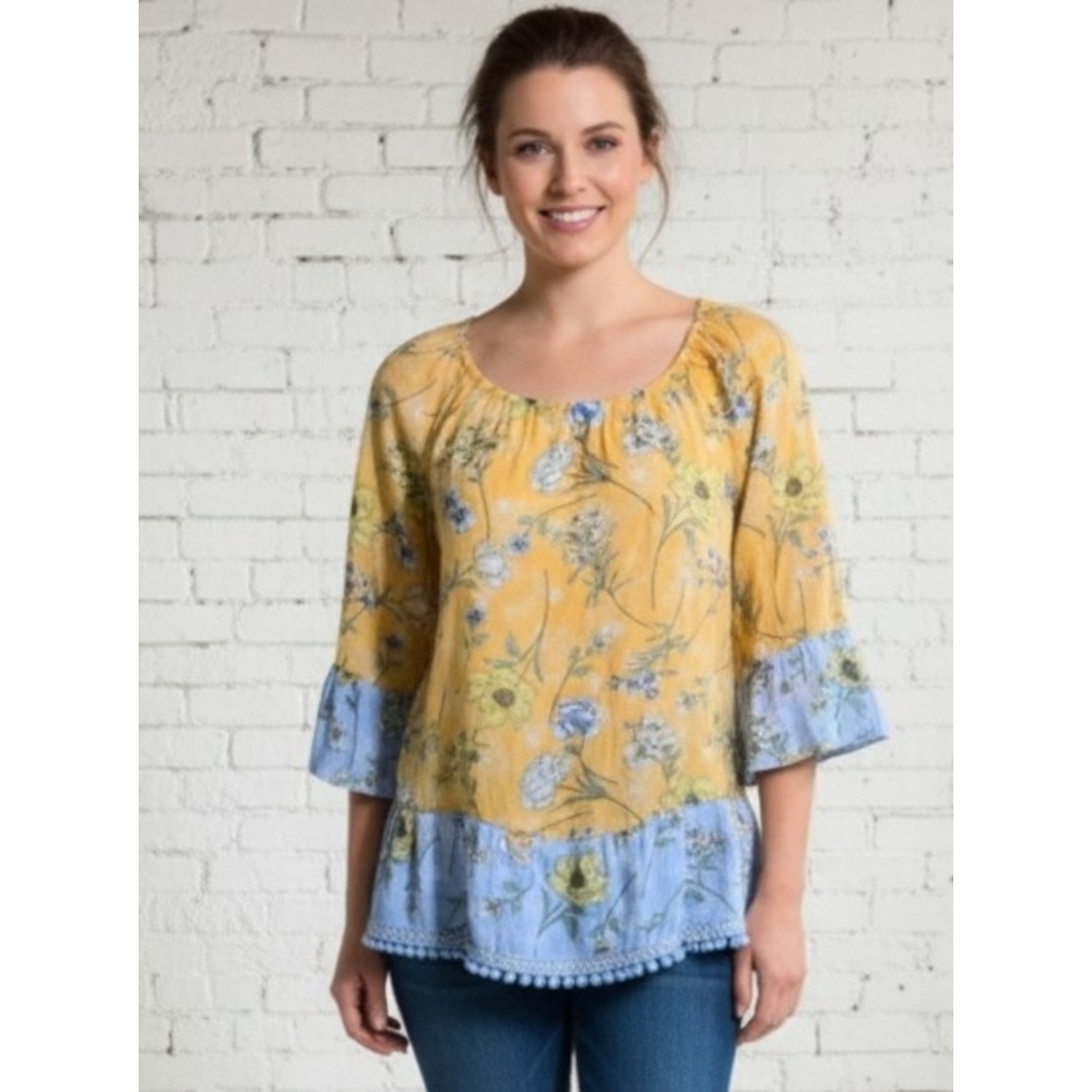 Zac & Rachel Scoop Neck 3/4 Sleeve Floral Top Golden Yellow Size S